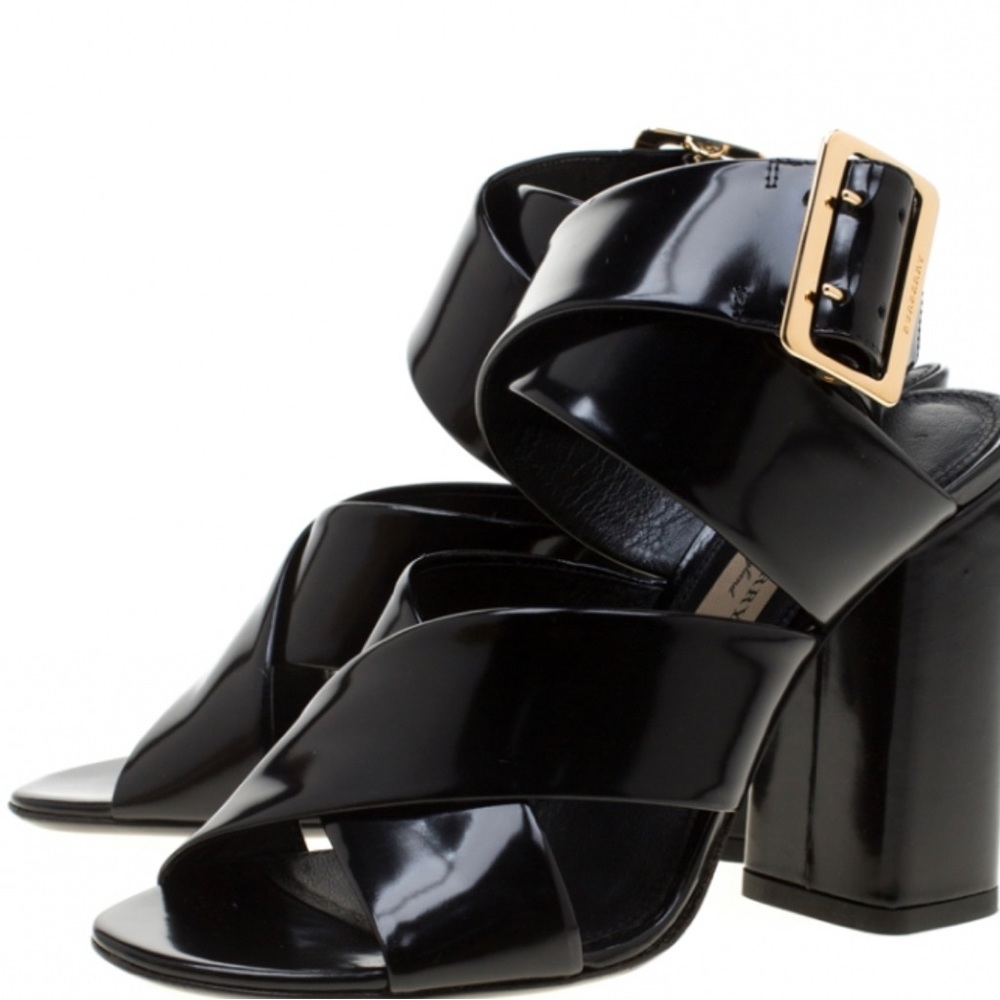 Burberry Black Leather Blaine Trench Buckle Cross Strap Block Heel Sandals